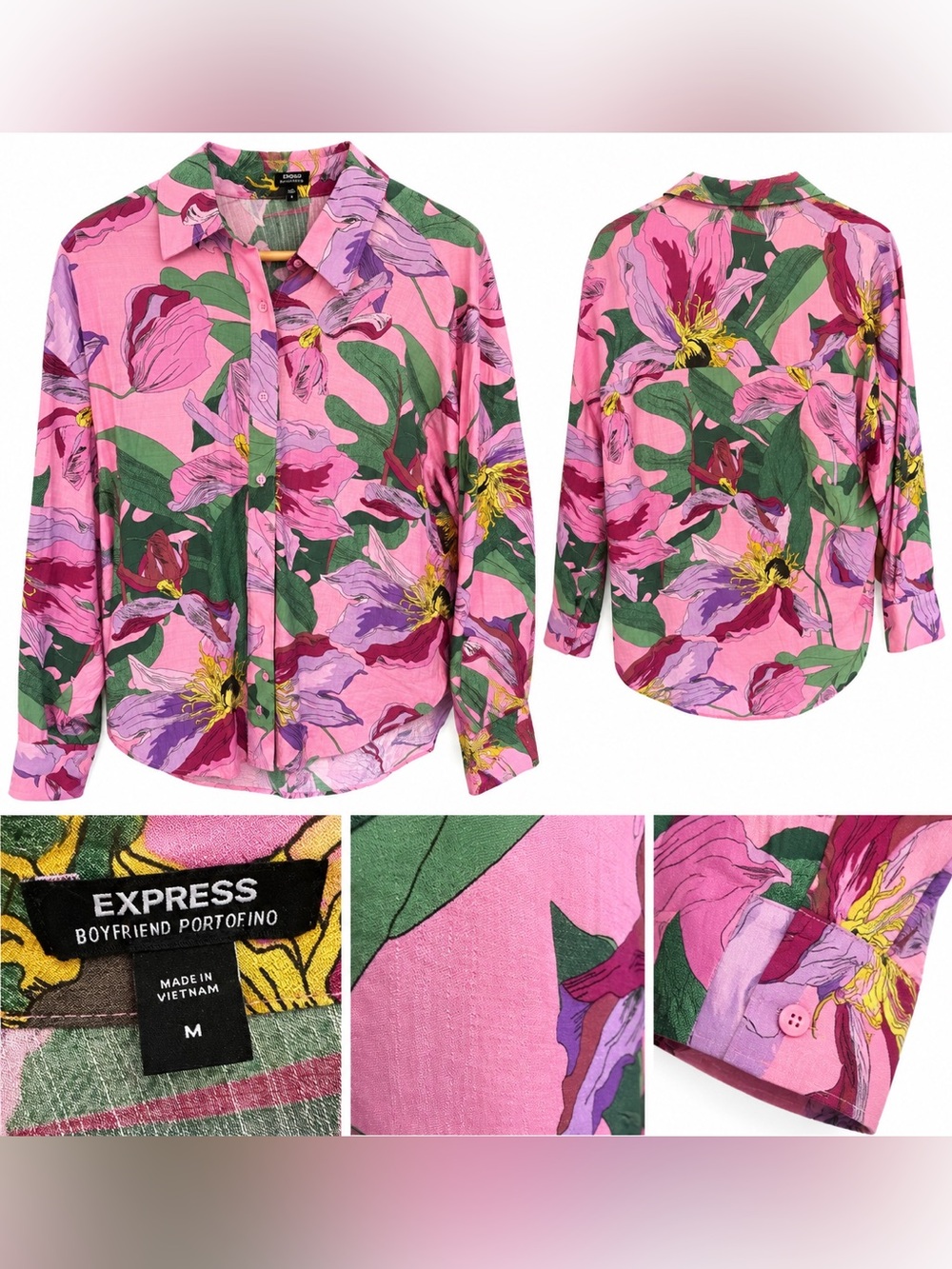 Express Boyfriend Portofino Floral Button Down Shirt Pink Size M